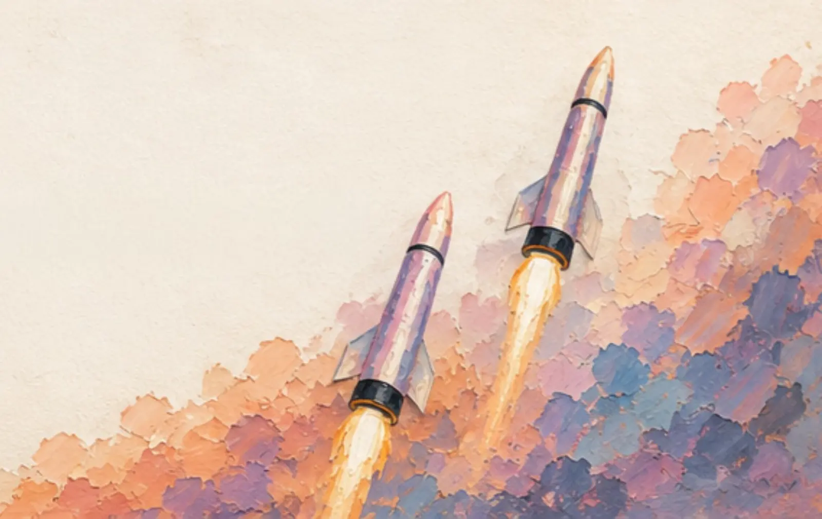 Two rockets rising side by side, painted in oils.